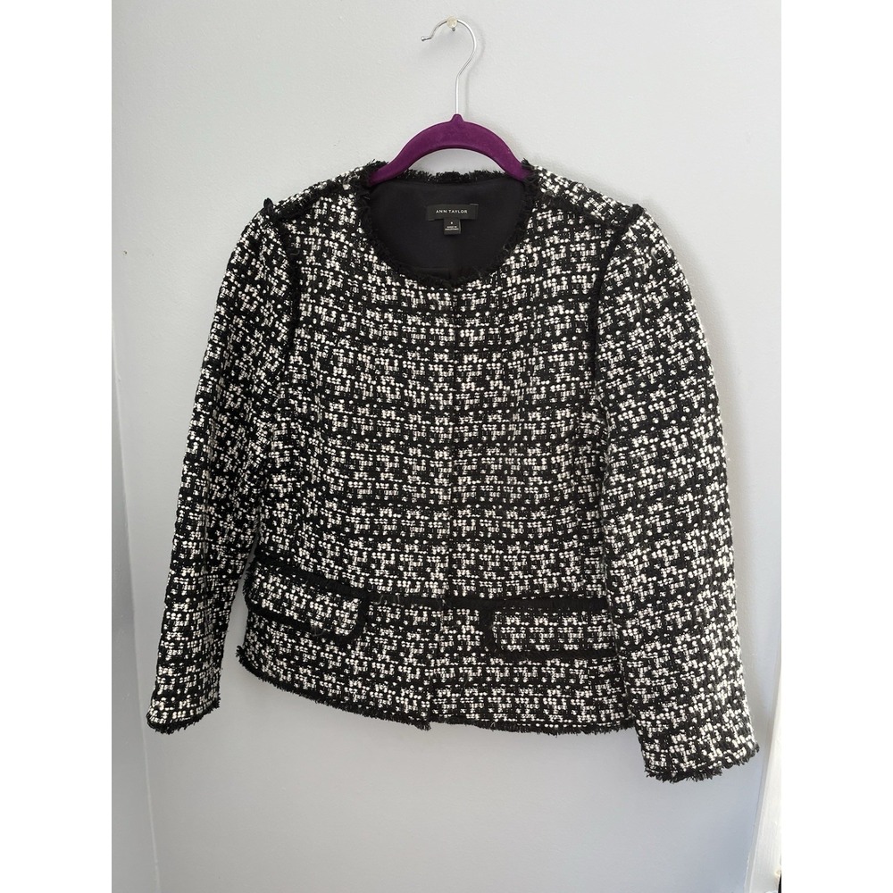 Ann Taylor Women's Size 8 Tweed Blazer Jacket White and Black Lined‎ Pockets